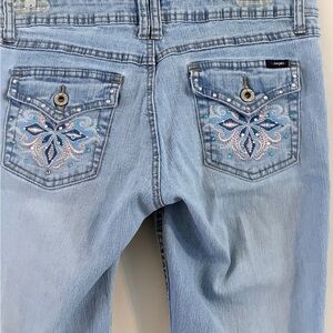 Angels Chic Light Denim Jeans with Embellished Floral Pockets Size 11